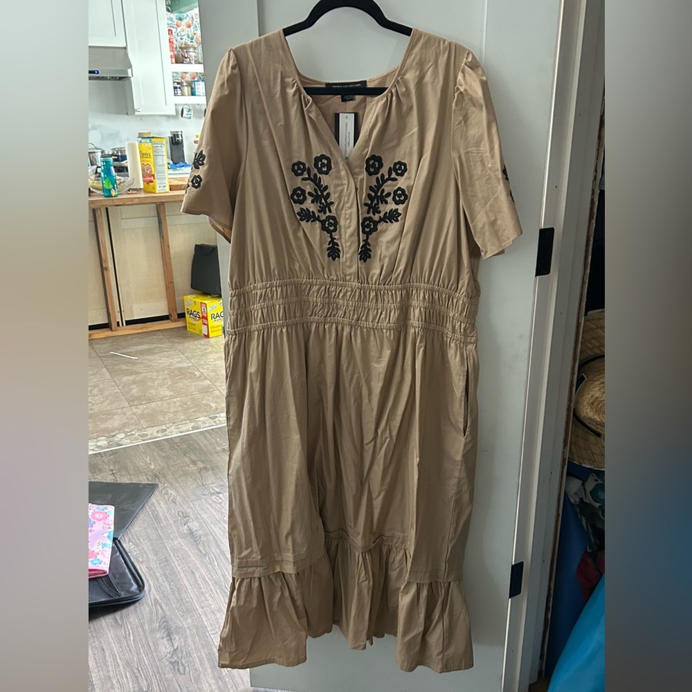 French Connection Tan Midi Dress with Black Embroidery